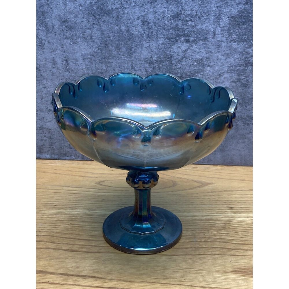 Indiana Carnival Glass‎ Iridescent Blue Garland Teardrop Bowl Pedestal Compote